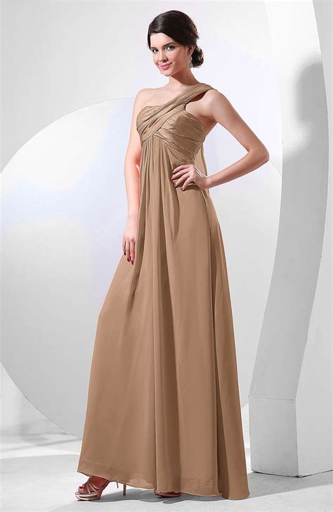 Light Brown Bridesmaid Dress Elegant Empire One Shoulder Sleeveless