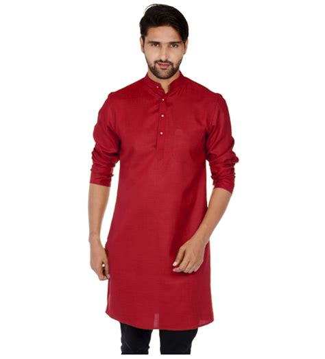 Indian Cotton Loos Fit Kurta Mens Casual Shirt Solid Red Color Wedding