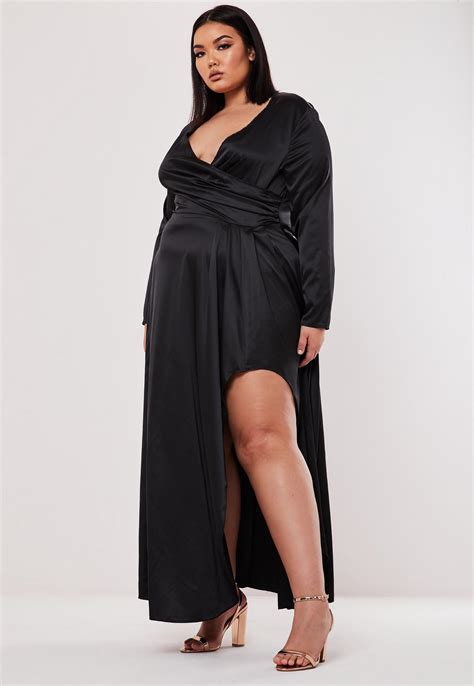 Plus Size Black Satin Wrap Over Maxi Dress Missguided Australia