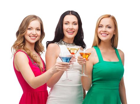 Three Smiling Women With Cocktails Stock Images Image