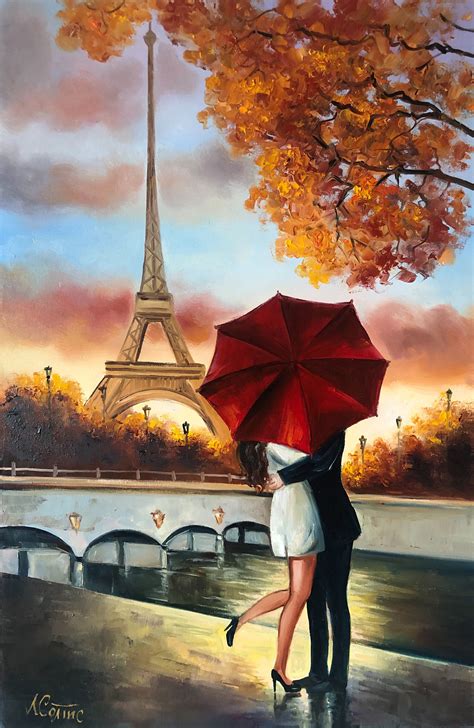 Paris Romance Wall Art Red Umbrella Eiffel Tower Original Oil Painting On Canvas Autumn Love In