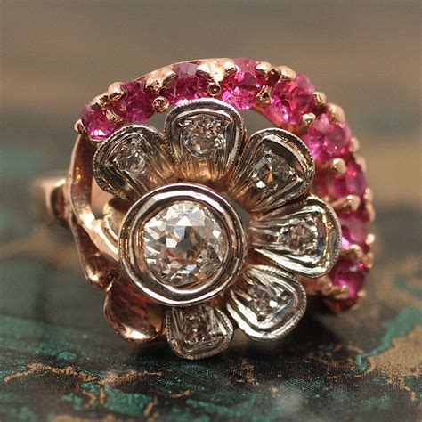 Circa 1940 Rose Gold Diamond And Ruby Ring Pippin Vintage Jewelry