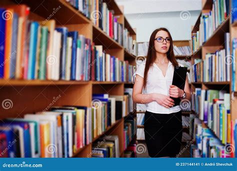 Brunette Woman At Library Stock Image Image Of Book 237144141