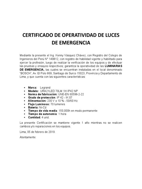 Certificado De Operatividad De Luces De Emergencia Bosch