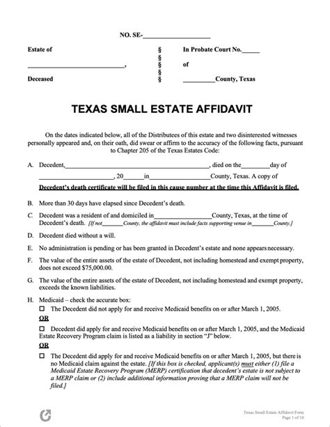 Free Printable Small Estate Affidavit Form Texas Printable Forms Free Online