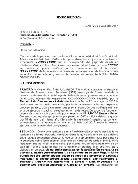 Modelo Carta Notarial A La Sat Perú Procedural Law Virtue