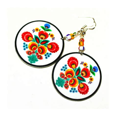 Folk Flowers Polish Folk Art Motif Earrings Decoupage Earrings White Orange Red Yellow