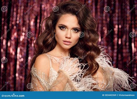 Beautiful Brunette With Healthy Wavy Hair Glamour Eye Makeup Fashion Beauty Girl With