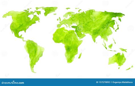 Watercolor Paint Green World Map Isolated On White For Your Design