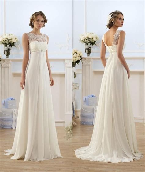 2015 Chiffon A Line Empire High Waist Wedding Dresses Lace Sheer