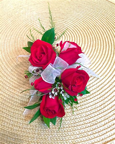 A Classic Corsage With Red Spray Roses White Wax Flower Fern Myrtle