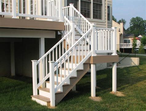 Custom historic replicated railing | commercial and residential solid cellular pvc, wood and vinyl exterior deck, patio, poolside. Azek brownstone split #deck staircase and Longevity white ...