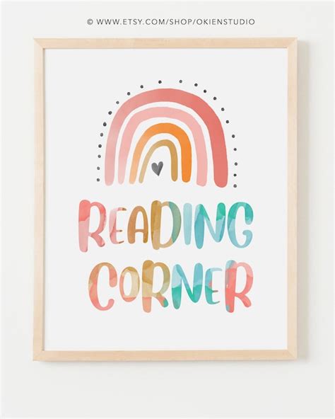 printable pink boho reading corner sign rainbow reading etsy