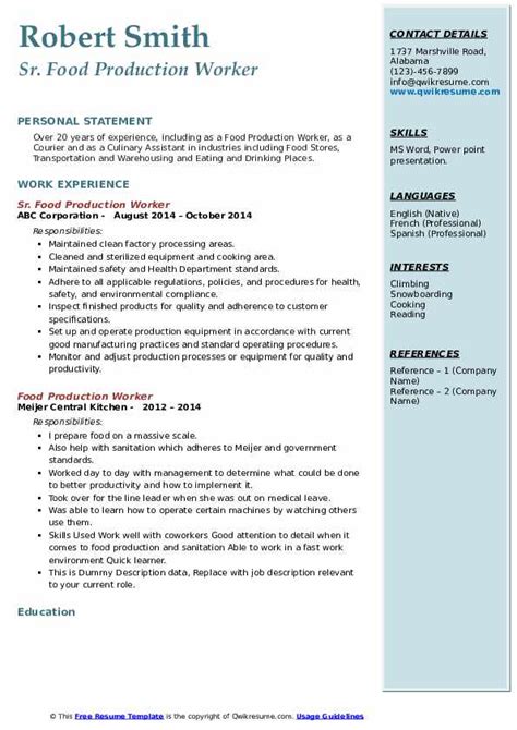 There is no result without working hard for it. Food Production Worker Resume Samples | QwikResume