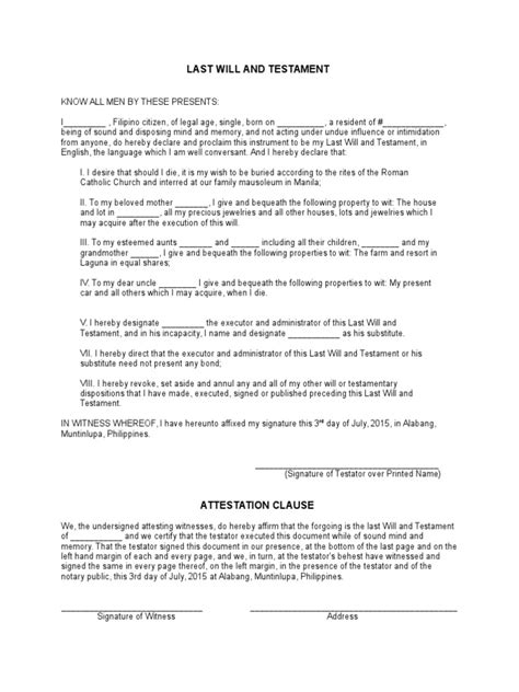 Sample Last Will And Testament Will And Testament Property Law