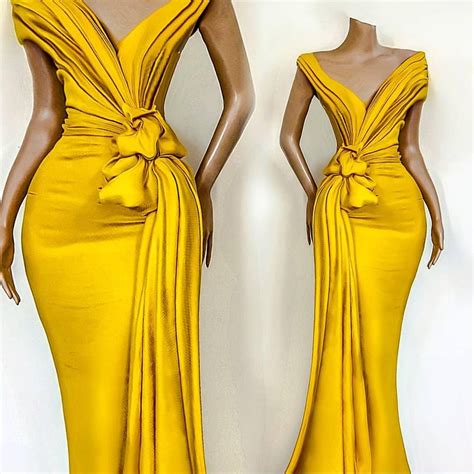 Stunning Yellow Mermaid Evening Dresses Pleats Knoted Off Shoulder