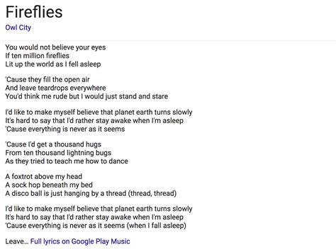 Below you can read the song lyrics of fireflies by owl city, found in album ocean eyes released by owl city in 2009. How Can I Add Lyrics to a Song in iTunes? - Ask Dave Taylor