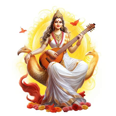 Premium Ai Image Goddess Saraswati Happy Vasant Panchami Puja Sitting On Lotus Musical