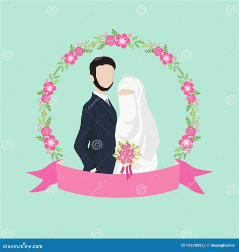 Muslim Wedding Couple Illustration With Ribbon Label And Flower