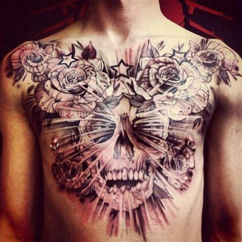 Skull And Roses Chest Piece Tattoos Pinterest Skulls And Roses Chest Piece And Skull