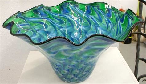 Hand Blown Glass Art Blue Green Patterned Bowl 2650 By Oneilsarts