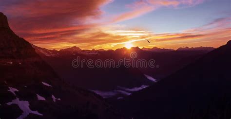 Colorful Mountain Sunset In Glacier National Park Montana Stock Image
