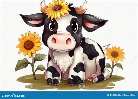 Cute Cartoon Of Cow With Sunflower No Background Stock Illustration