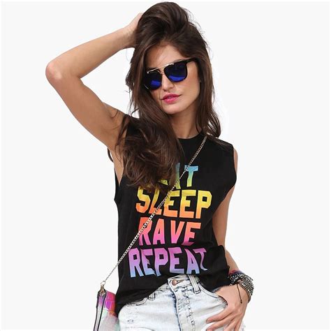 Women Fashion Colorful Eat Sleep Rave Repeat Letter Printed Sleeveless Rounder Collar Loose Tank