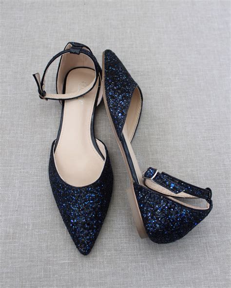 Navy Rock Glitter Ankle Strap Flats With Organza Bow Women Shoes