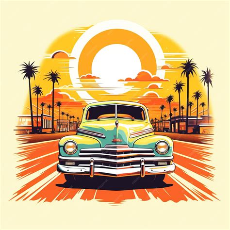 Premium Ai Image Vintage Car Sunset With Palm Trees Woodcutinspired