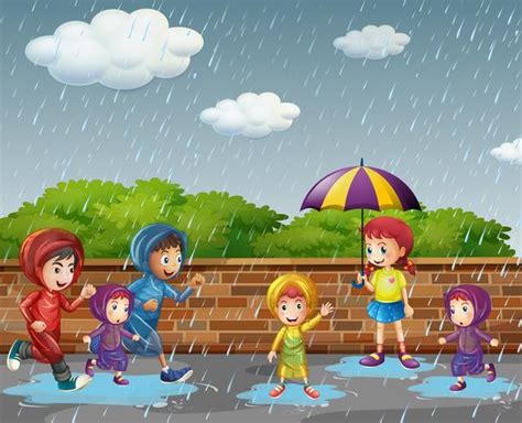 Many Children Running In The Rain 358625 Vector Art At Vecteezy