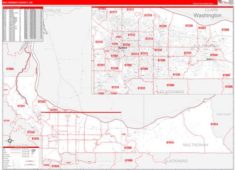 Multnomah County Or Zip Code Wall Map Red Line Style By Marketmaps