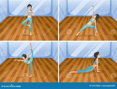 Donna Che Fa Yoga In Quattro Posizioni Differenti Illustrazione