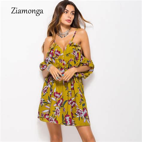 Ziamonga Women Summer Dress 2018 V Neck Ruffles Flower Print Casual