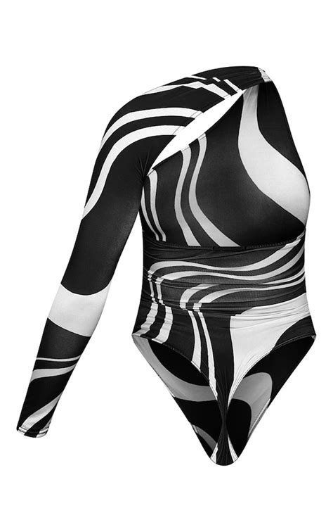 Black Swirl One Shoulder Asymmetric Bodysuit Prettylittlething