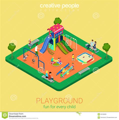 Children Playground Flat Vector 3d Isometric Sandpit Swing Slide Stock
