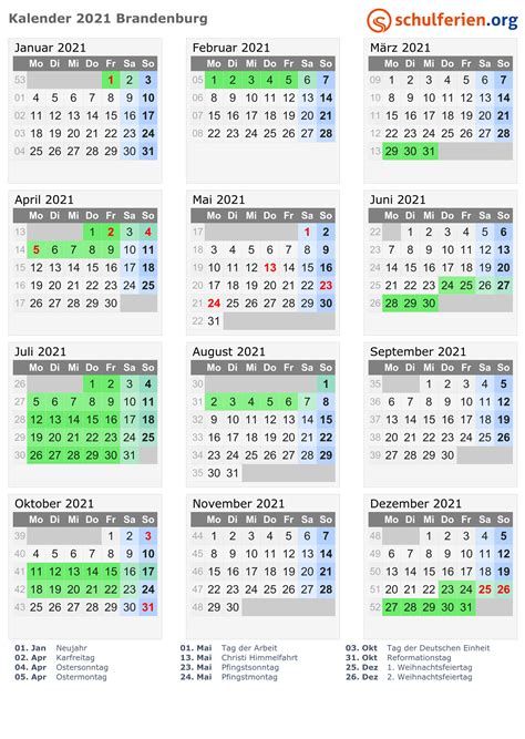 Hier können sie unsere kostenlosen kalender 2021 mit gesetzlichen feiertagen und kalenderwochen herunterladen. Kalender 2021 + Ferien Brandenburg, Feiertage