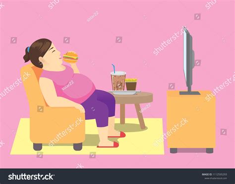 fat woman eating fast food on sofa and watching royalty free stock vector 1112595293