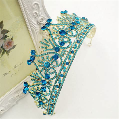 2017 royal regal gold golden quinceanera bridal tiaras blue crystal pearls peacock rose