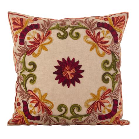 Embroidered Floral Design Cotton Poly Filled Throw Pillow Multi Color