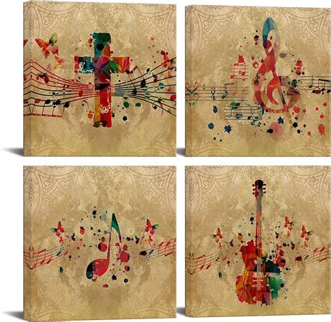 Iknow Foto 4 Pieces Music Canvas Wall Art Guitar Phonograph And Music
