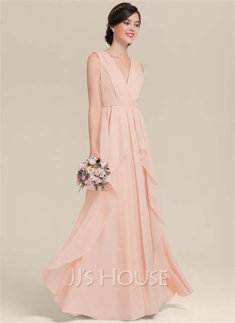 A Line V Neck Floor Length Chiffon Bridesmaid Dress With Cascading