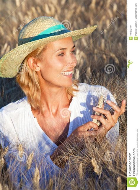 Smiling Woman In Wheat Fields Stock Image Image Of Straw Charming