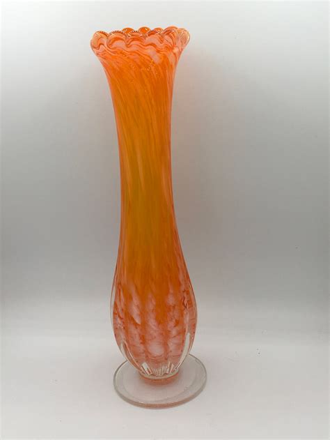 Vintage Blown Glass Vase Orange And White Scalloped Top Edge 11 Etsy