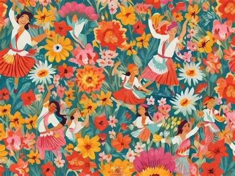 Premium Ai Image Pattern Painting With Colorful Flowers And Dancing Girls