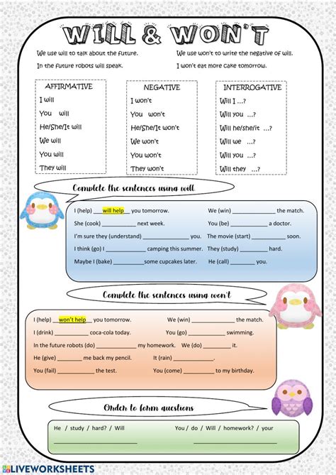 Will Wont Interactive Worksheet English Grammar Exercises English