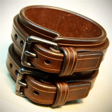 Leather Cuff Bracelet Brown Bridle Leather Double Strapped And Etsy