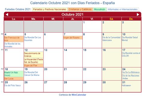 Calendario Octubre 2021 Para Imprimir España