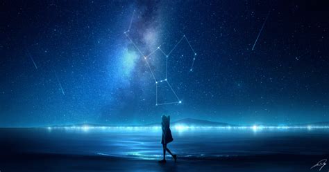 Wallpaper Starry Sky Anime Girl Walking Scenic Moon