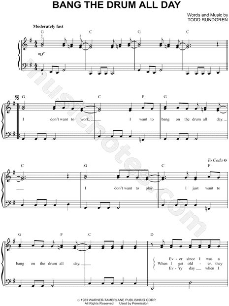 Todd Rundgren Bang The Drum All Day Sheet Music In G Major Download And Print Sku Mn0154835